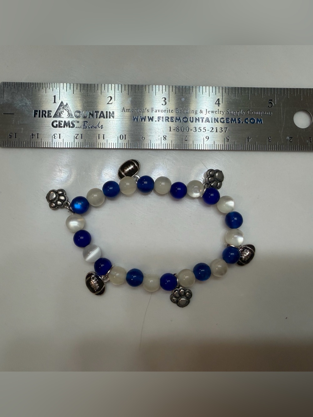 Blue and White Beaded Charm Stretch Bracelet